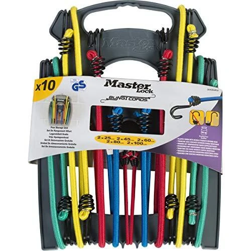 Master Lock Masterlock 10 tvirtinimo gumų komplektas su kabliukais, 2x25 + 2x45 + 2x60+ 2x80 + 2x100, įvairių spalvų