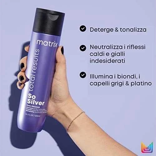 Šampūnas baltiems, pilkiems, žiliems ir šviesiai dažytiems plaukams Matrix Total Results So Silver Color Obsessed 300ml