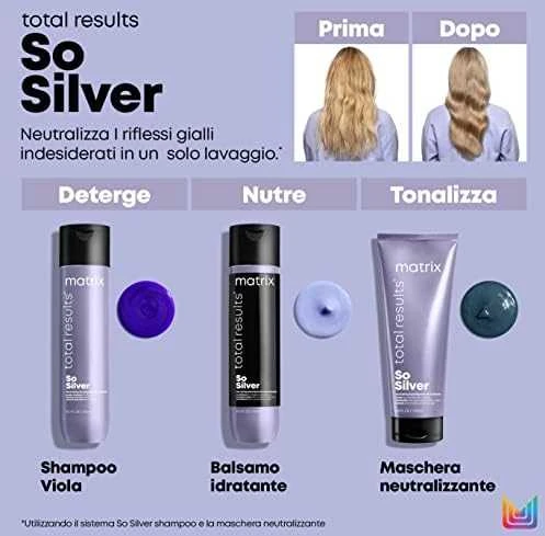 Šampūnas baltiems, pilkiems, žiliems ir šviesiai dažytiems plaukams Matrix Total Results So Silver Color Obsessed 300ml
