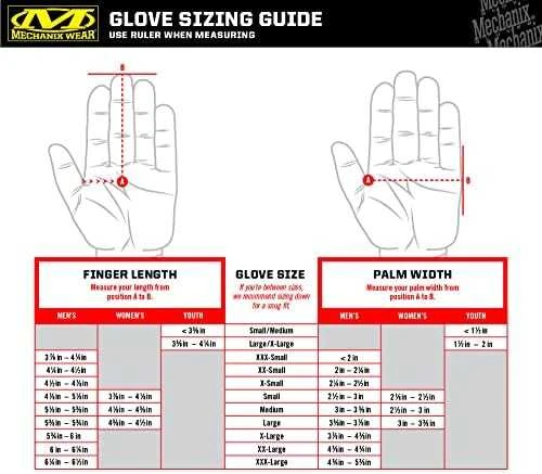 Mechanix Wear pirštinių dydžių lentelė