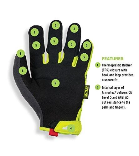 Mechanix Wear Pjūviams atsparios (5/D lygis delno srityje) apsauginės pirštinės Mechanix The Original® CR5 geltonos L dydis. Velcro, dirbtinė oda, TrekDry®, ryškios