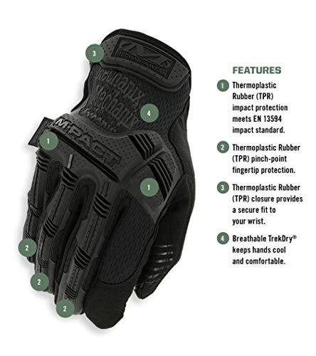 Mechanix M-Pact juoda pirštinė su techniniais žymėjimais