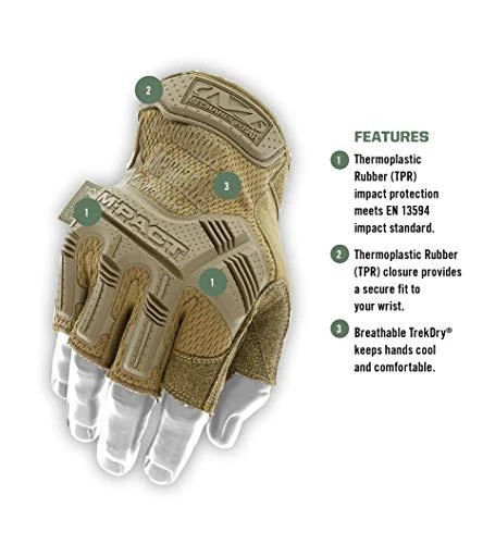 Mechanix M-Pact bepirštės pirštinės su techninių savybių schema