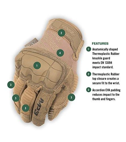 Mechanix M-Pact 3 taktinės pirštinės su technine schema