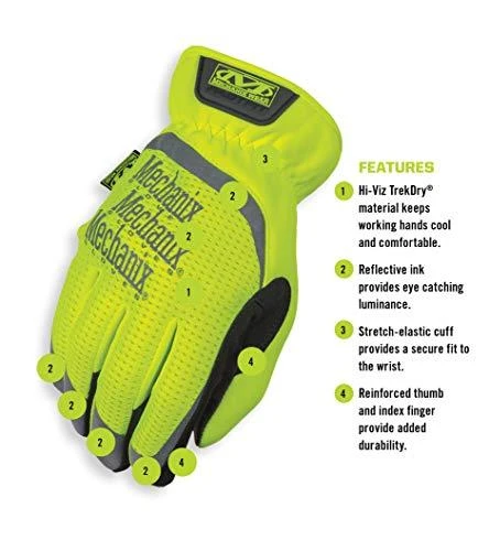 Mechanix Wear PirštinėsFastFit® HiViz geltonos 9/M dydis. Rauktas rankogalis, dirbtinė oda, TrekDry®, šviesą atspindintys užrašai