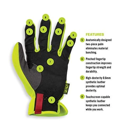 Mechanix Wear PirštinėsFastFit® HiViz geltonos 9/M dydis. Rauktas rankogalis, dirbtinė oda, TrekDry®, šviesą atspindintys užrašai