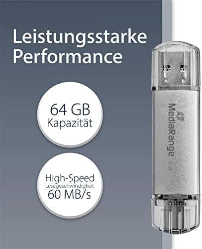 „MediaRange Kombo“ atminties kortelė 64 GB, USB atmintinė - sidabrinė/skaidri, USB-A 3.2 Gen 1, USB-C 3.2 Gen 1