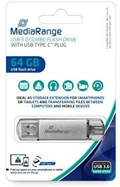 „MediaRange Kombo“ atminties kortelė 64 GB, USB atmintinė - sidabrinė/skaidri, USB-A 3.2 Gen 1, USB-C 3.2 Gen 1