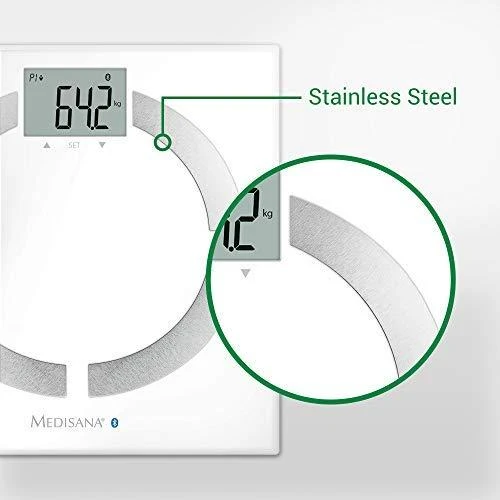 Medisana BS 444 kūno analizės svarstyklės, nerūdijančio plieno, Bluetooth | Medisana | BS 444 | Automatinis išjungimas | Kūno riebalų analizė | Kūno masės indekso (KMI) matavimas | Kūno vandens procentas | Kaulų masės analizė | Maksimalus svoris (keliamoji galia) 180 kg | Atminties funkcija | Keli vartotojai | Kūno skalė