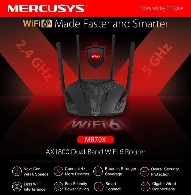 TP-Link Mercusys | AX1800 Dual-Band WiFi 6 Maršrutizatorius | MR70X | 802.11ax | 1201+574 Mbit/s | 10/100/1000 Mbit/s | Ethernet LAN (RJ-45) jungtys 3 | Tinklelio atramos Nr. | MU-MiMO Taip | Nėra mobiliojo plačiajuosčio ryšio | Antenos tipas 4xFiksuota
