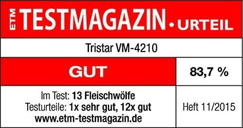 Mėsmalė Tristar | VM-4210 Meat Grinder | Baltas | 3 Nerūdijantis plienas grinding plates, Aluminum grinder head, Aluminum hopper tray, Sausage stuffer, Kubbe attachment, Sausage accessory, Nerūdijantis plienas blade