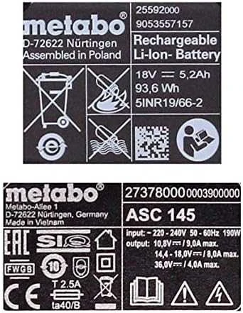 Akumuliatorius Metabo 18 V; 5,2 Ah; Li-ion; 3 vnt. + pakrovėjas Metabo ASC 30-36