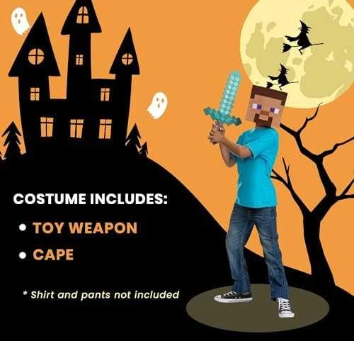 Disguise Minecraft Helovino kostiumas, karnavalinis kostiumų rinkinys deimantinis kardas + Steve'o kaukė