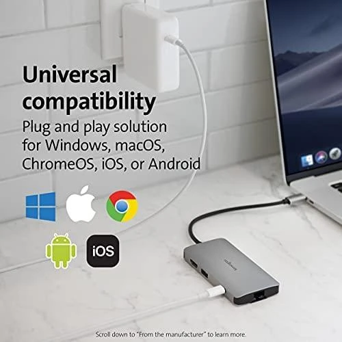 Kensington USB-C šakotuvas su suderinamumo simboliais