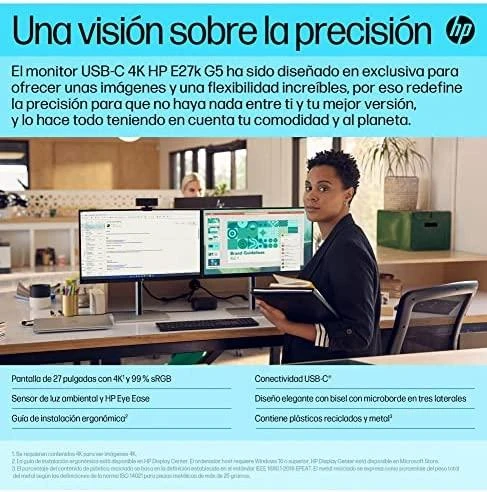 Hewlett Packard (HP) HP E27k G5 4K įkrovimo monitorius – 27 colių 3840x2160 UHD 350 nitų 60 Hz AG, IPS, USB-C(65W/15W)/HDMI/DisplayPort, 3x USB-A, garsiakalbiai, aukštis RJ-45 reguliuojamas / pakreiptas / pasukamas / pasukamas, 3 metai