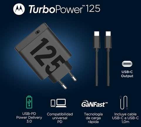 Motorola TurboPower kelioninis įkroviklis USB-C 125W su USB-C/USB-C kabeliu juodos spalvos