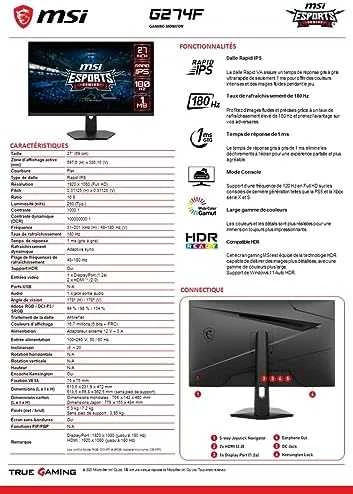 Monitorius MSI G274F 27 colių greitas IPS FHD 180Hz 250cd/m2 1ms 2xHDMI 2.0 DP