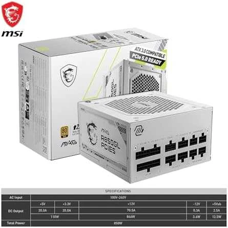 MSI Maitinimo šaltinis MAG A850GL PCIE5 WHITE / 80 PLUS Gold / 850W / Active PFC