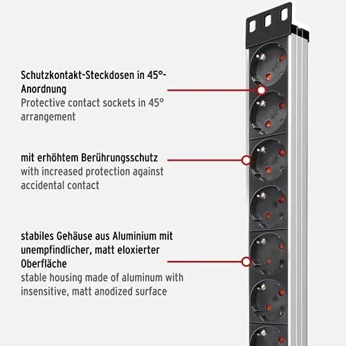 Brennenstuhl Alu-Line, 9xCEE 7/4 socket, 1xCEE 7/7 connection, 19 "1U, 2m cable, juodas / sidabrinis 1390007009 / GT-651