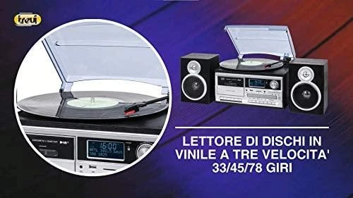 Trevi Stereo Turntable System with DAB / DAB + Digital Receiver, Three-speed turntable 33 / 45 / 78 rpm, File reader on USB / SD Card, Cassette grotuvas/recorder with hitchhiking, Wireless function, Aux-in input, Headphone jack, Juodas colour
