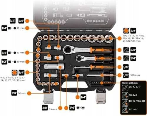 Neo Tools Rinkinys 1/4", 3/8", 46 vnt. CrV praleidžiamųjų galvučių rinkinys