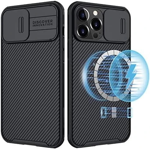 „Nillkin CamShield Pro Magnetic Case“ šarvuotas dėklas, skirtas „iPhone 13 Pro Max“ ir kameros apsaugai, juodas (suderinamas su „MagSafe“)