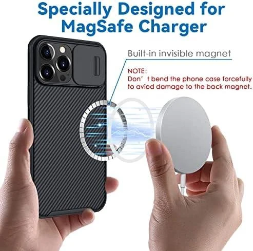 „Nillkin CamShield Pro Magnetic Case“ šarvuotas dėklas, skirtas „iPhone 13 Pro Max“ ir kameros apsaugai, juodas (suderinamas su „MagSafe“)