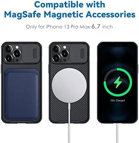 „Nillkin CamShield Pro Magnetic Case“ šarvuotas dėklas, skirtas „iPhone 13 Pro Max“ ir kameros apsaugai, juodas (suderinamas su „MagSafe“)