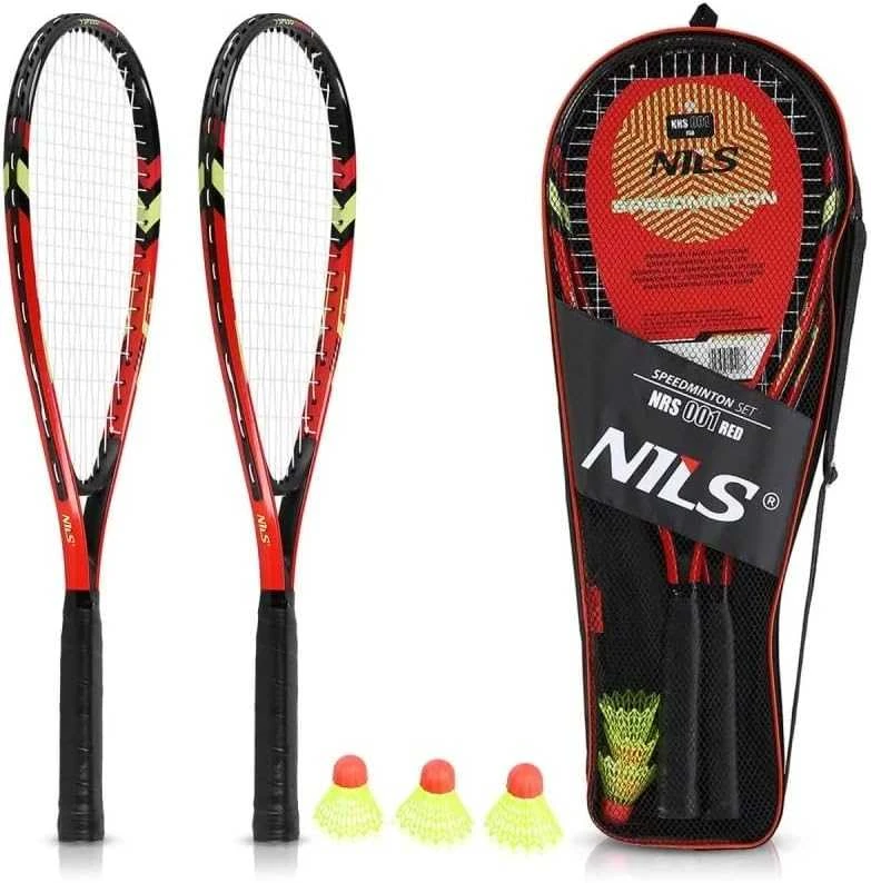 Nils Extreme Krosmintono rinkinys NRS001: 2 raketės, plunksninukai ir raudonas dėklas NILS