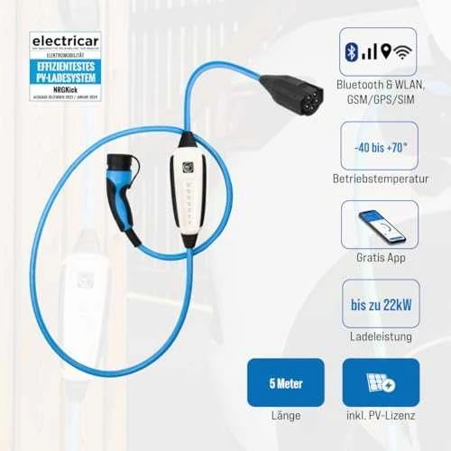 NRGkick 22kW įkroviklis su techninių savybių informaciniais langais