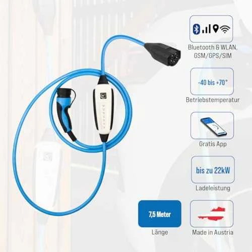 NRGkick elektromobilių įkroviklis su techninių parametrų schema