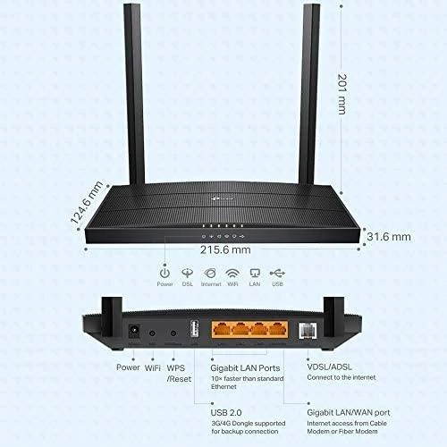 Belaidis Maršrutizatorius - TP-Link Archer AC1200 MU-MIMO VDSL/ADSL 4 LAN Prievadai Juodas