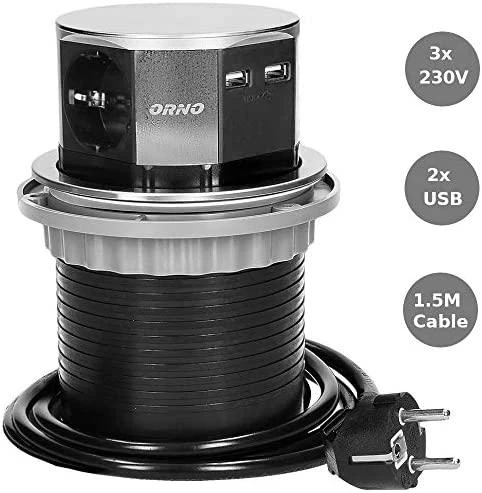 Orno Lizdas Baldinis lizdas Ø10cm, ištraukiamas iš stalviršio, su USB įkrovikliu ir 1,5m laidu, 3x2P+Z, 2xUSB, INOX, schuko
