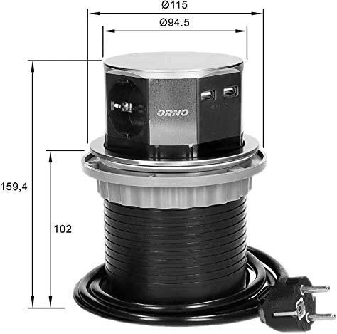 Orno Lizdas Baldinis lizdas Ø10cm, ištraukiamas iš stalviršio, su USB įkrovikliu ir 1,5m laidu, 3x2P+Z, 2xUSB, INOX, schuko
