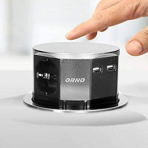 Orno Lizdas Baldinis lizdas Ø10cm, ištraukiamas iš stalviršio, su USB įkrovikliu ir 1,5m laidu, 3x2P+Z, 2xUSB, INOX, schuko