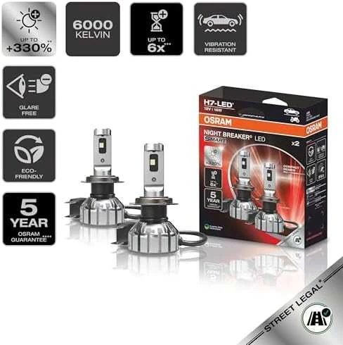 OSRAM H7 LED lemputės su techninių parametrų piktogramomis