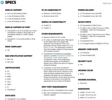 OWC Thunderbolt 3 stoties techninių specifikacijų lentelė