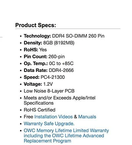 RAM Nešiojamojo kompiuterio atmintis OWC SODIMM, DDR4, 8 GB, 2666 MHz, (OWC2666DDR4S08G)
