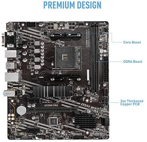 Pagrindinė plokštė MSI | A520M PRO | Processor family AMD | Processor socket AM4 | DDR4 | Atminties lizdai 2 | Chipset AMD A | Micro ATX