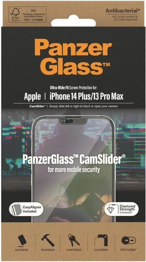 Panzer Glass PanzerGlass | CamSlider | Apple | iPhone 14 Plus/13 Pro Max | Grūdintas stiklas | Išvalyti | Apsaugo visą ekraną; 100% prisilietimas; Lengva montuoti | Ekrano apsauga