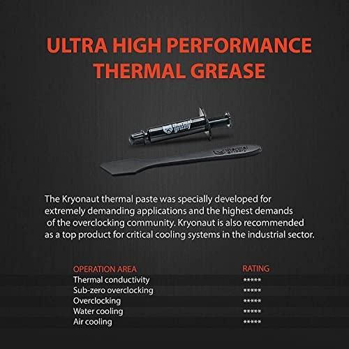 Thermal Grizzly | Terminis tepalas "Kryonaut" 1g | universalus | Šilumos laidumas: 12,5 W/mk * Šiluminė varža: 0,0032 K/W * Elektros laidumas: 0 pS/m * Klampumas: 130-170 Pas * Specifinis svoris: 3,7g/cm3 * Temperatūra: -200 °C / +350 °C W