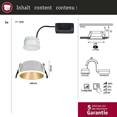 Paulmann LED įleidžiama apvali lubinė šviestuvo kolekcija Cole, 3 × 6,5 W, balta ir matinė aukso, 2700 K, komplektas