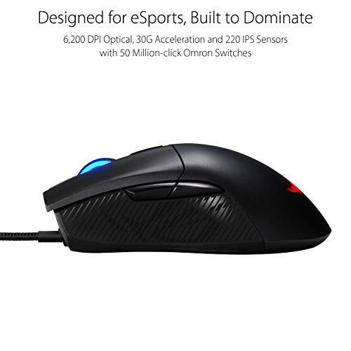 Optinė laidinė pelė Asus ROG Gladius II Core, 6 200-dpi/Omron switches with 50-million-click durability/lightweight - 92,5 g/Aura Sync