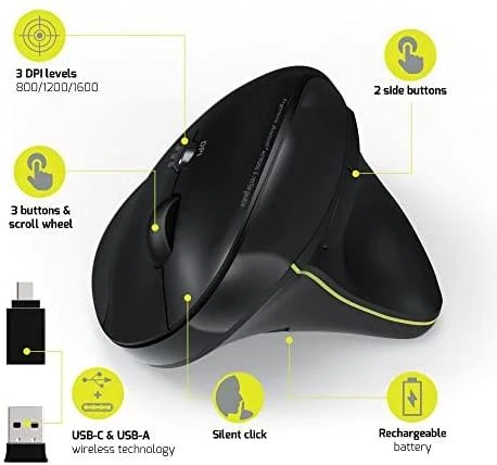 PORT DESIGNS | Rechargeable Ergonomic Pelė | 900706-BT | Optinė | Wireless | 2.4 GHz Wireless via USB Dongle | Juodas | 3 year(s)