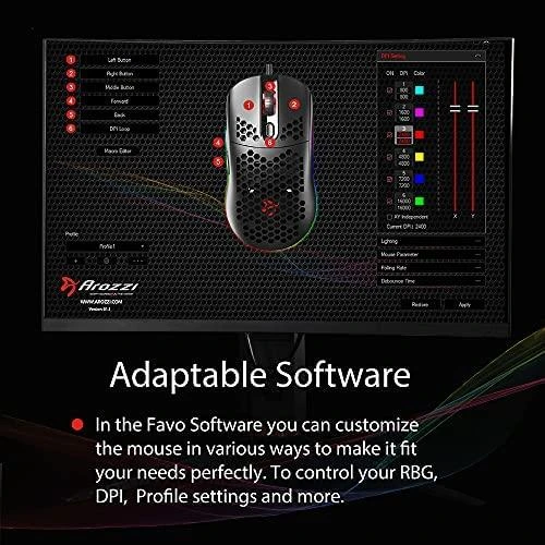 Itin lengva Žaidimų Pelė Arozzi Favo, su RGB pašvietimu, Pixart 3389 sensorius, Omron 20M switches, Pilka-juoda