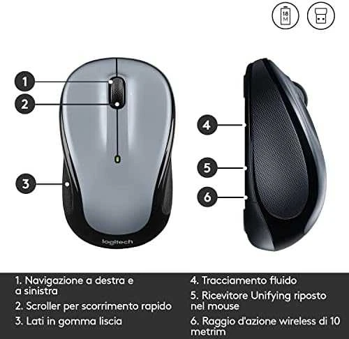 LOGITECH M325s Pelė dešinės ir kairės pusės optinis 5 mygtukai belaidis 2.4 GHz USB belaidis imtuvas pilkas