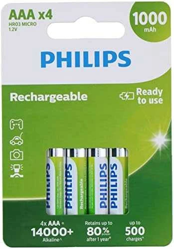Philips Įkraunama baterija R03B4RTU10/10, Įkraunama baterija, AAA, Nikelio-metalo hidrido (NiMH), 1,2 V, 1000 mAh, Cd (kadmis), Hg (gyvsidabris)