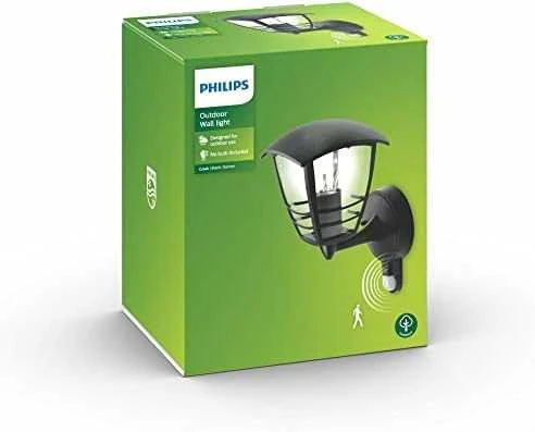 Philips Sieninis lauko šviestuvas CREEK, E27, juodas, IP44, su judesio davikliu