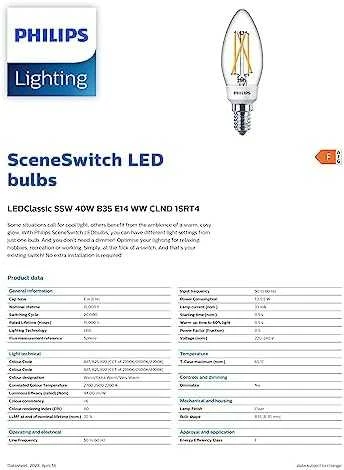 LED lemputė Philips Fil B35, 5W, E14, WW, 470-190-50lm