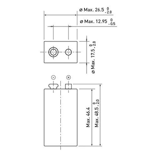 Panasonic 9V baterijos techninis matmenų brėžinys
